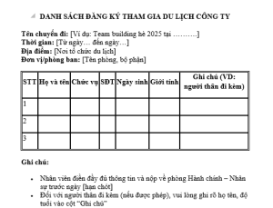 mẫu danh sách đăng ký đi du lịch