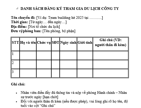 mẫu danh sách đăng ký đi du lịch - Hình 1