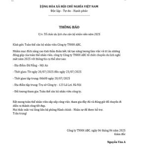 mẫu thông báo đi du lịch của công ty