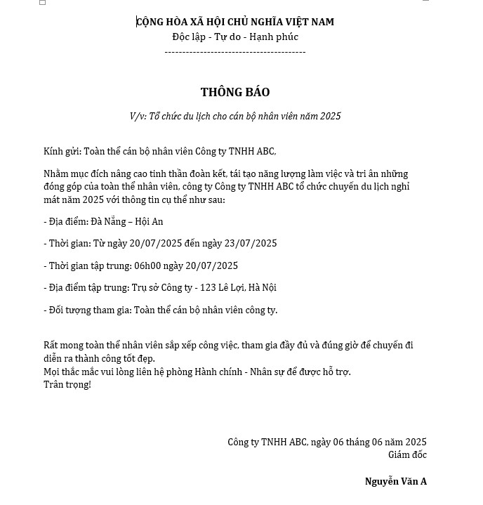 mẫu thông báo đi du lịch của công ty - Hình 1