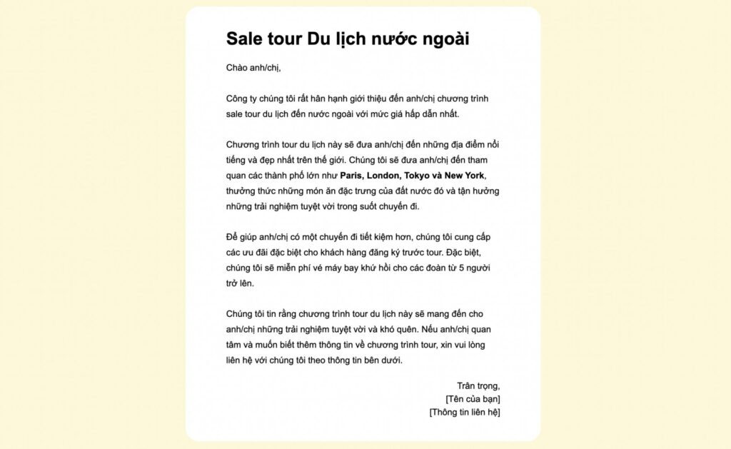 email chúc khách hàng trước chuyến đi