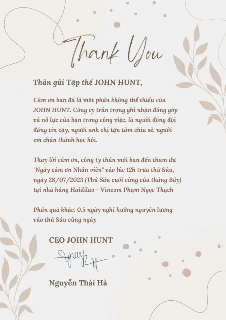 lời cảm ơn nhân viên resort
