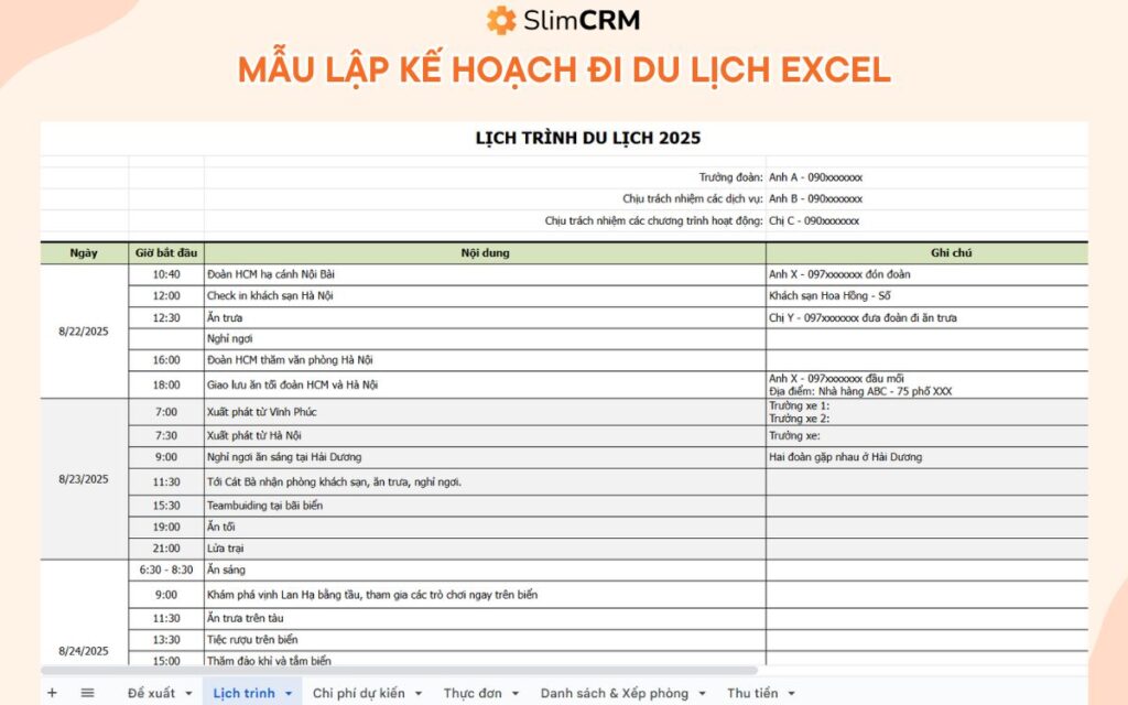 mẫu lập kế hoạch đi du lịch excel