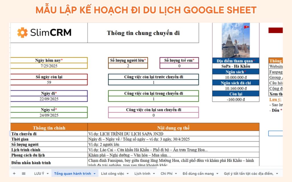 mẫu lập kế hoạch đi du lịch google sheet