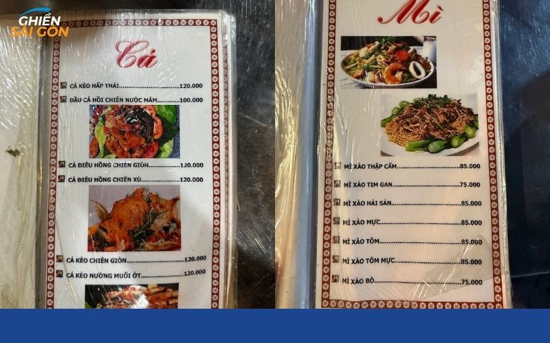 thực đơn của quán ăn bác hiền